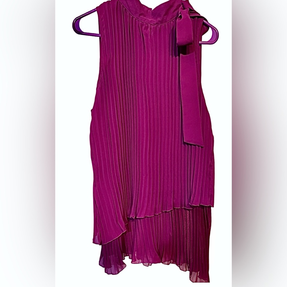 Vibrant Purple EUC Pleated Flowing Sleeveless Top Mock Neck with side Bow
